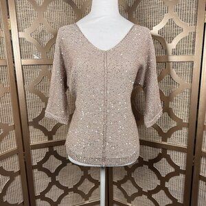 WD.NY Metallic Knit Sweater Women’s Medium Beige Sequin Shimmer 3/4 Sleeve